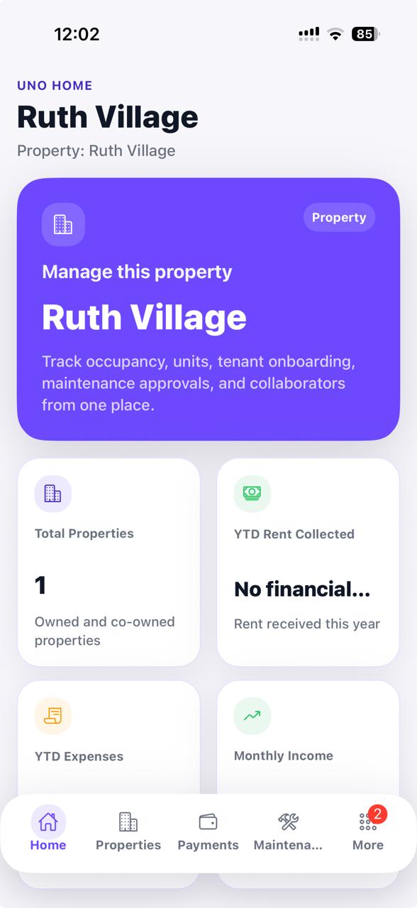 MyUno landlord home dashboard showing property overview and rental management navigation