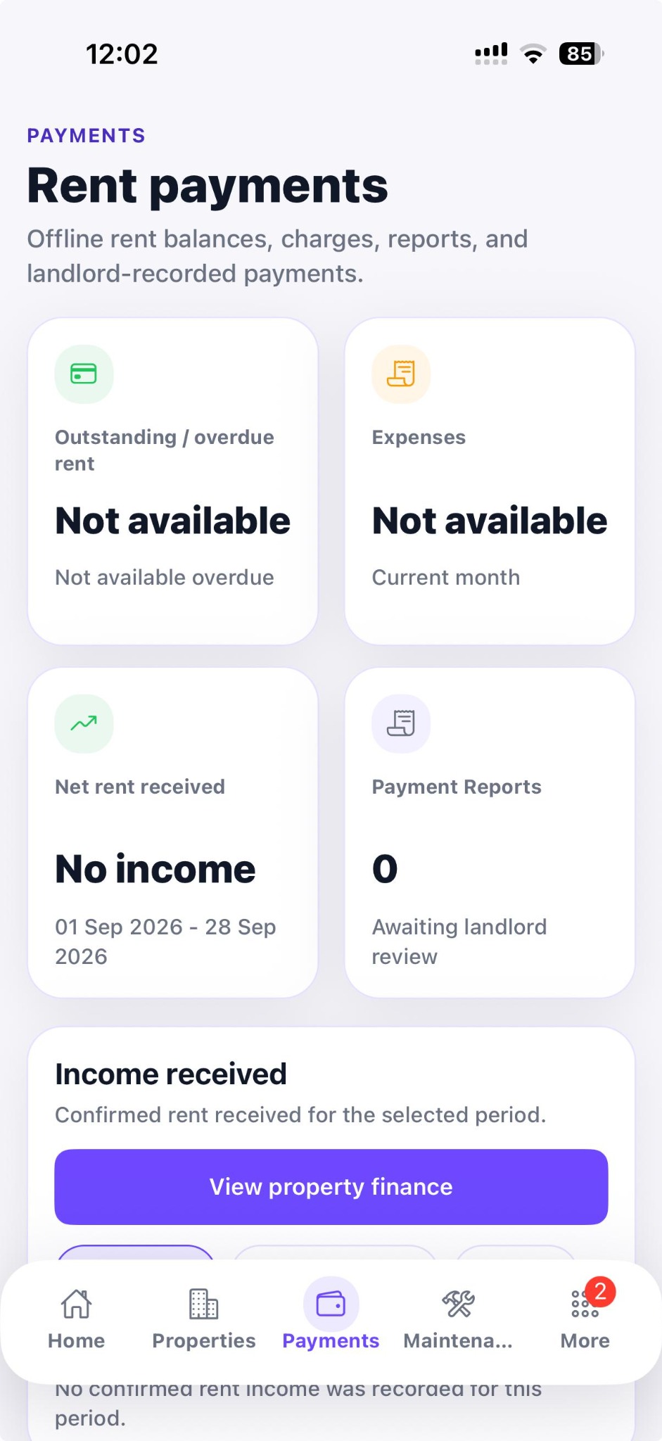 MyUno rent payments and finance screen