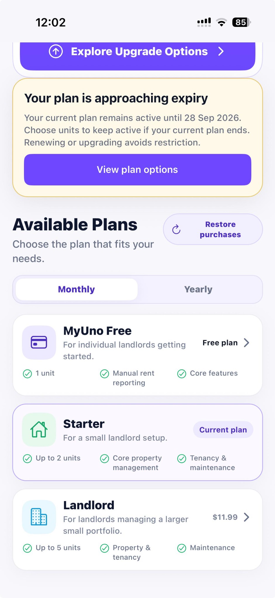 MyUno Plan and Usage screen