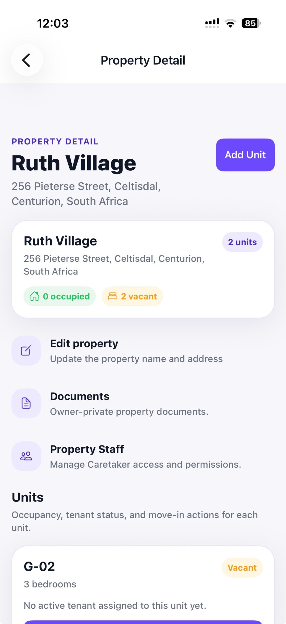 MyUno property detail screen